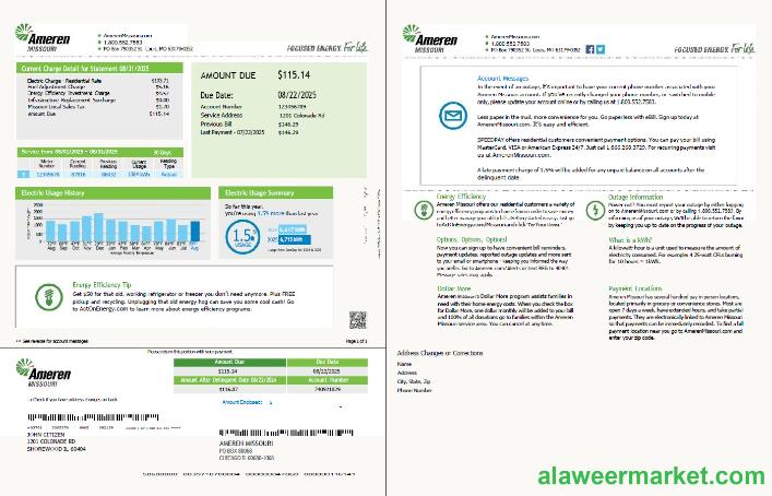 USA Ameren Missouri utility bill template in Word and PDF formats, 2 pages